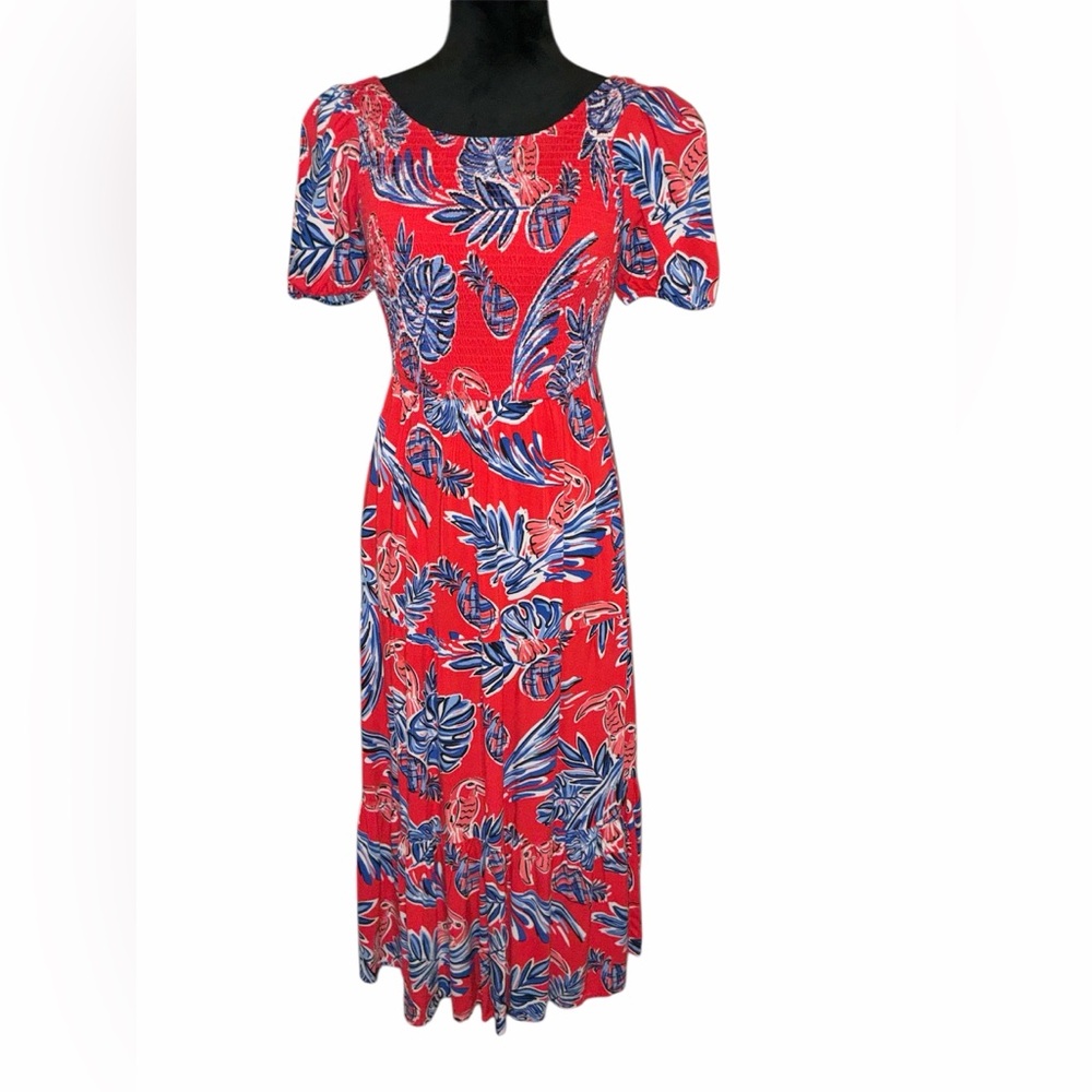 Sincerly Jules Tropical Print Smocked Tiered Midi Dress With Back Tie, Size XS